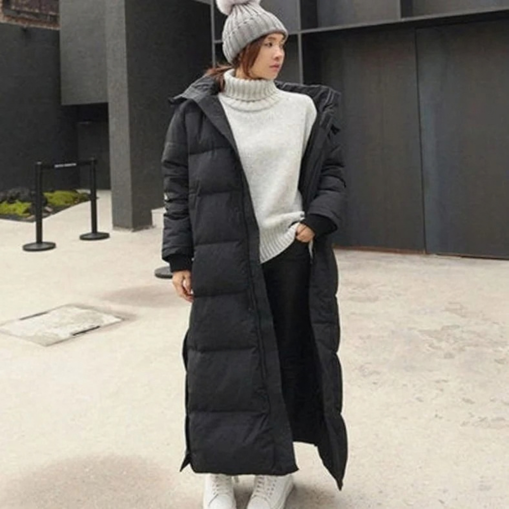 Zilan | Damen Schwarze Lange Winterjacke mit Kapuze